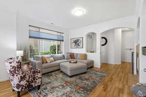 Living room featuring crown molding, light wood-style floors, and arched walkways