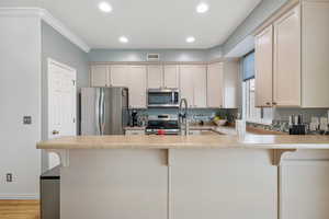 Kitchen featuring stainless steel appliances, light countertops, a peninsula, a kitchen breakfast bar, and recessed lighting