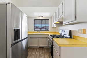 Kitchen featuring stainless steel appliances, dark wood-style flooring, light countertops, and gray cabinetry
