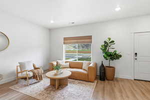 Living area with light wood-type flooring and recessed lighting