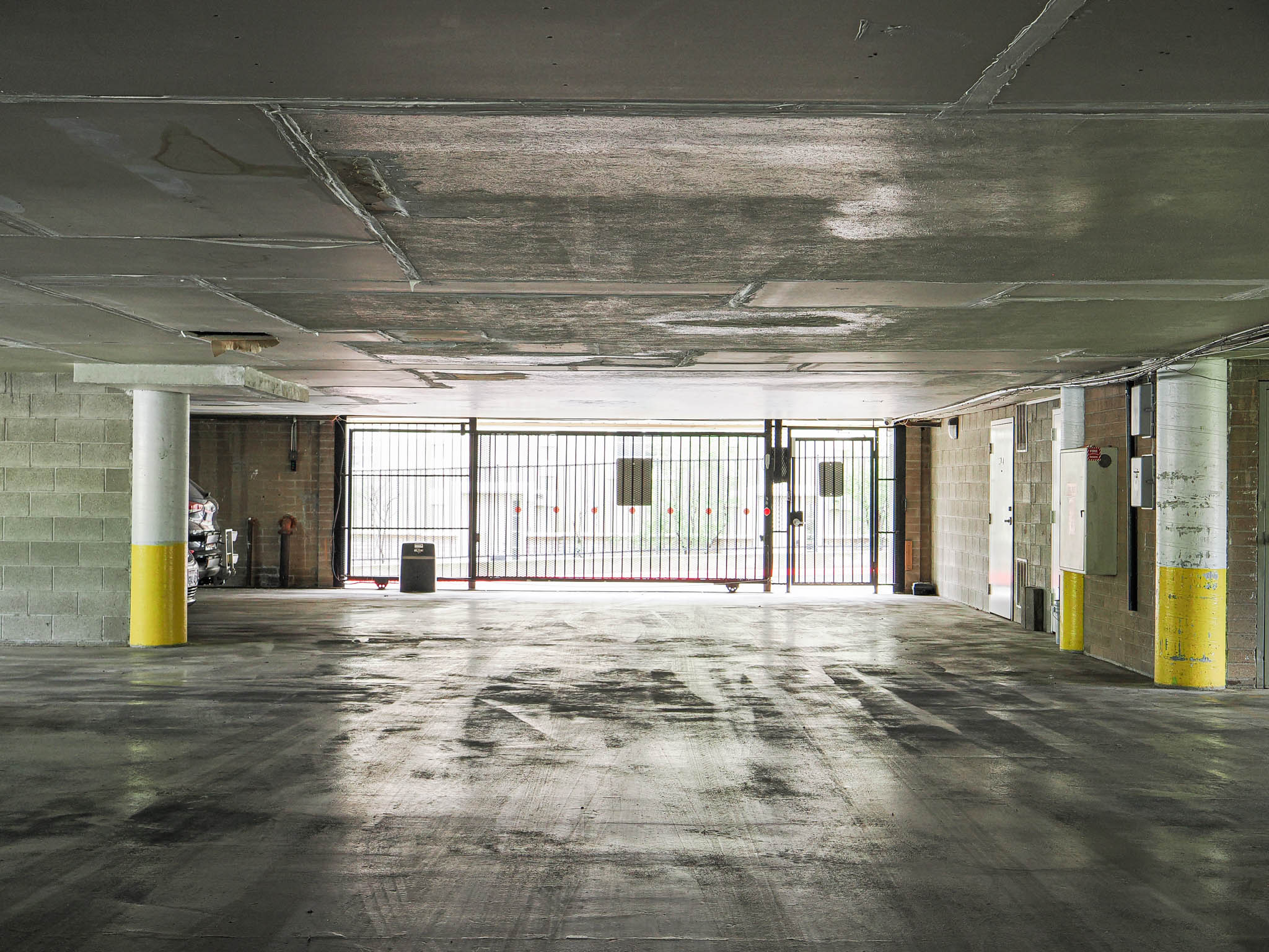 Parking deck featuring concrete block wall