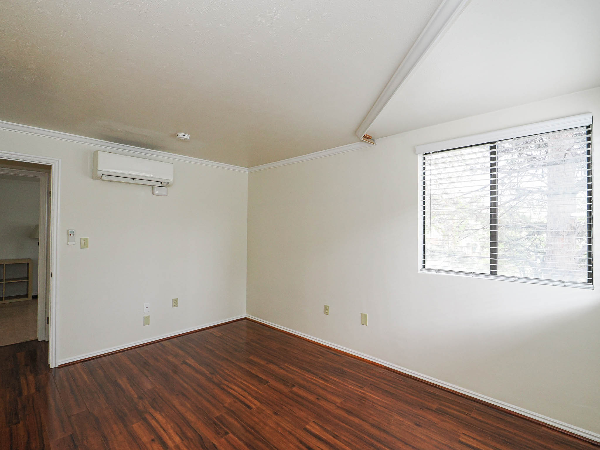 Spare room with dark wood-style floors and ornamental molding