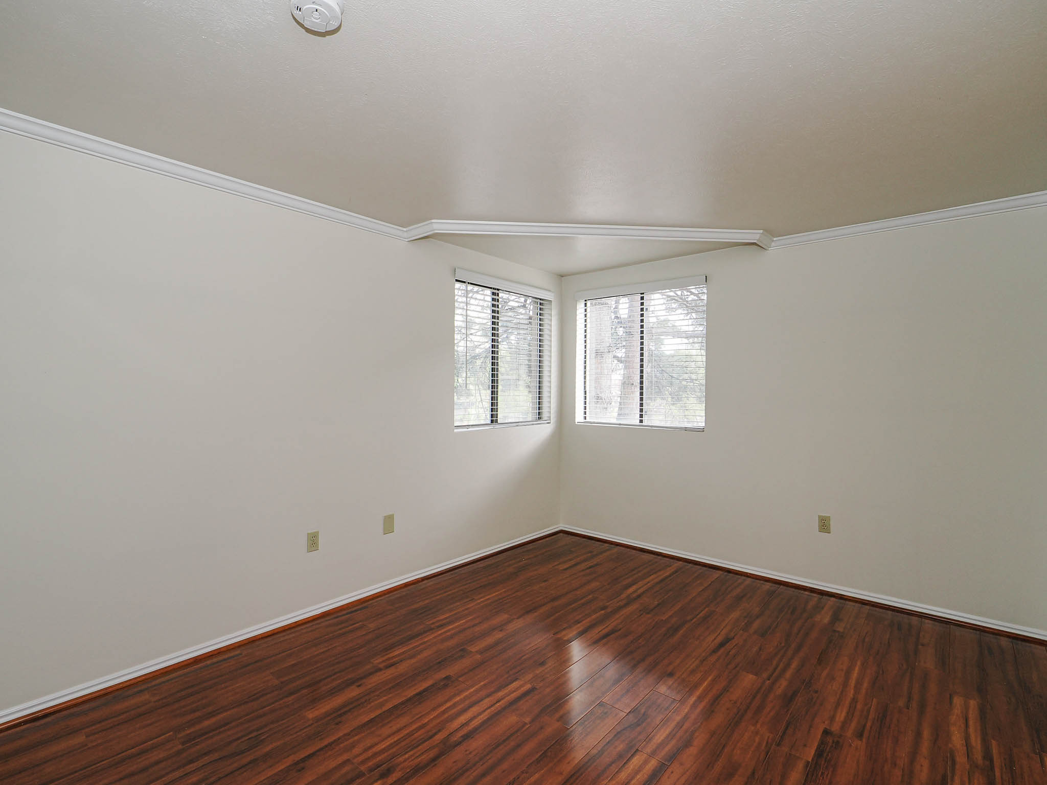 Unfurnished room with dark wood-style flooring, a smoke detector, and crown molding