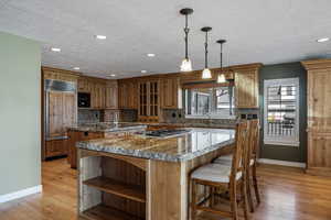 Kitchen featuring light wood-style flooring, backsplash, dark stone counters, and paneled fridge