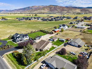 Aerial perspective of suburban area with mountains
