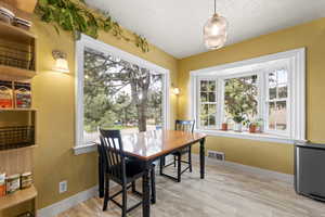 Dining room with light wood-style flooring and a textured ceiling