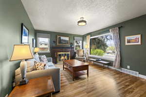 Living area with a fireplace, wood finished floors, and a textured ceiling