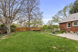 Fenced backyard with a patio