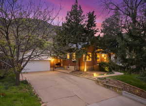 View of front of property with concrete driveway and a garage