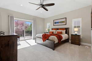 Bedroom with light carpet, access to exterior, ceiling fan, and recessed lighting