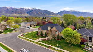 Aerial view of residential area with mountains