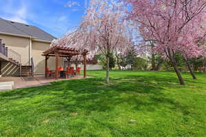 View of green lawn featuring a patio area and a pergola