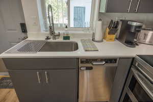 Kitchen with stainless steel appliances and gray cabinets
