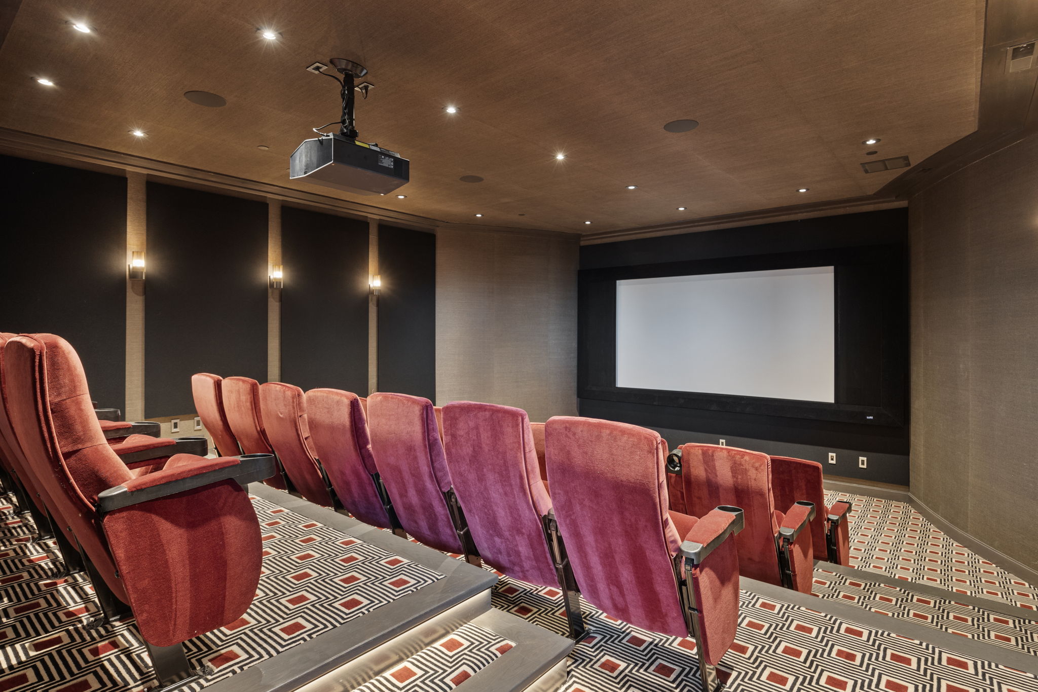 Home theater featuring recessed lighting and wood ceiling