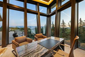Sunroom / solarium featuring carpet flooring, healthy amount of natural light, and a mountain view