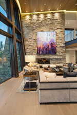 Community lobby featuring recessed lighting and a high wooden ceiling