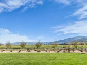 Expansive lawn area with a decorative split-rail fence, bordered by young trees and shrubbery