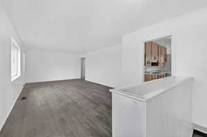 Empty room featuring dark wood-style flooring and a sink