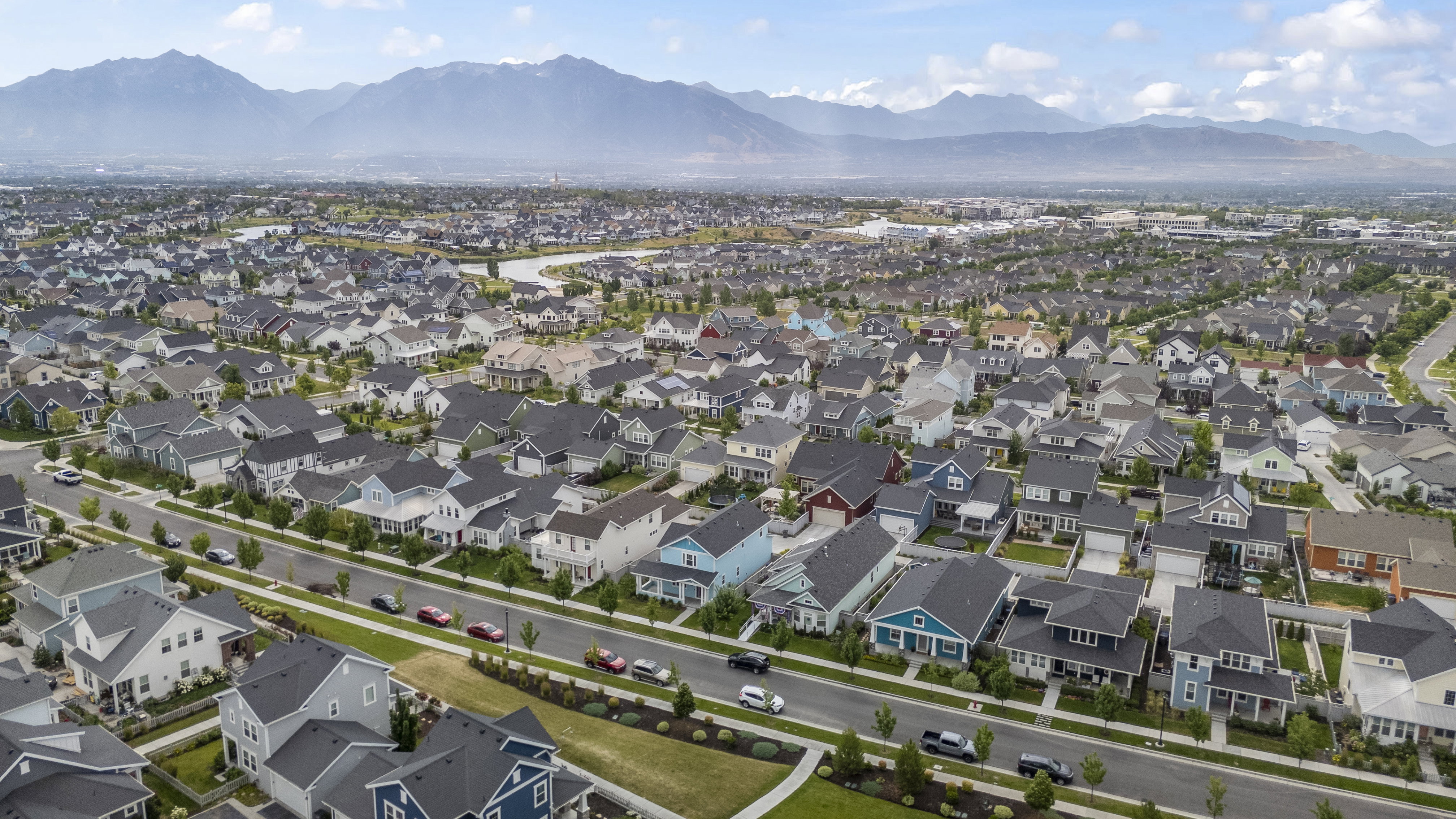 Aerial overview of property's location with nearby suburban area