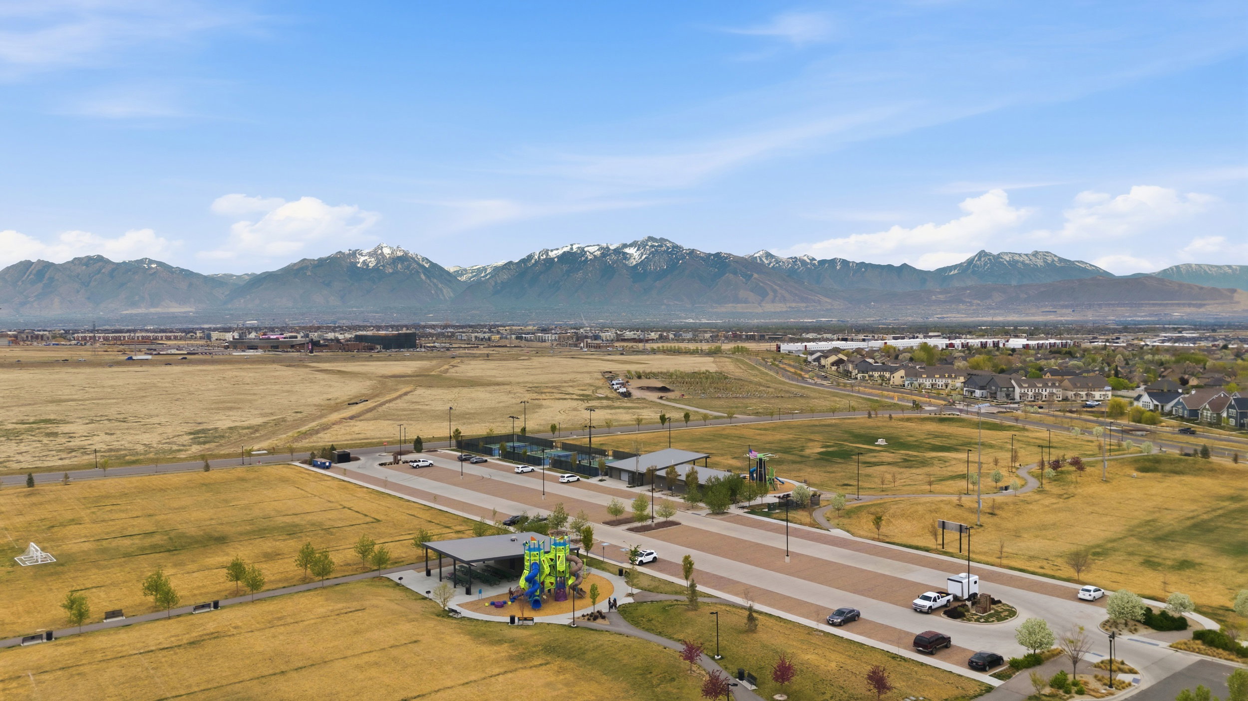 Drone / aerial view of a mountainous background