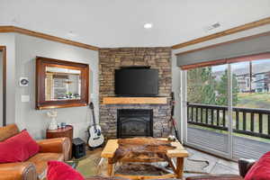 Living area featuring crown molding, stone tile flooring, and a fireplace
