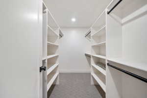 Walk in closet with light colored carpet