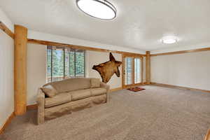 Living area featuring a textured ceiling, light carpet, and healthy amount of natural light