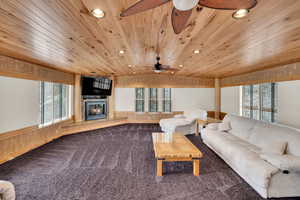 Living area with plenty of natural light, wood walls, dark carpet, a wainscoted wall, and a glass covered fireplace