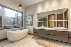 Bathroom featuring a freestanding tub and double vanity