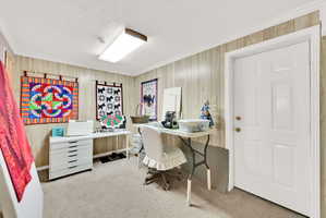 Office with light carpet, a textured ceiling, and wooden walls