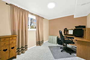 Home office with light colored carpet and crown molding