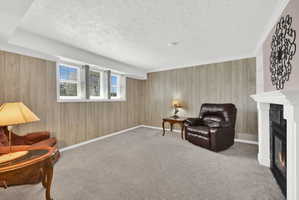 Sitting room featuring a glass covered fireplace, a textured ceiling, light colored carpet, wood walls, and ornamental molding
