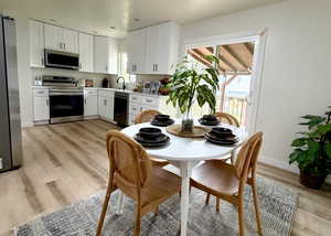Light and bright kitchen with NEW cabinets, countertops, flooring, stainless steel appliances, and recessed lighting