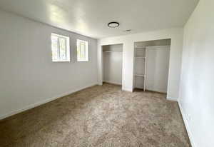 Large downstairs bedroom with new carpet, new windows, and two closets
