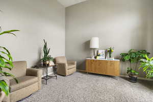 Living area featuring carpet and baseboards