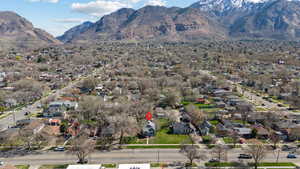 Aerial perspective of suburban area with mountains