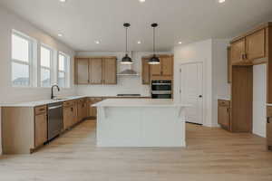 Kitchen with a kitchen island, light wood-style flooring, and wood finish cabinetry