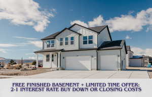 Craftsman inspired home featuring board and batten siding, a mountain view, concrete driveway, an attached garage, and a porch
