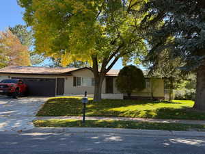 Ranch-style home with a garage, a front yard, and concrete driveway