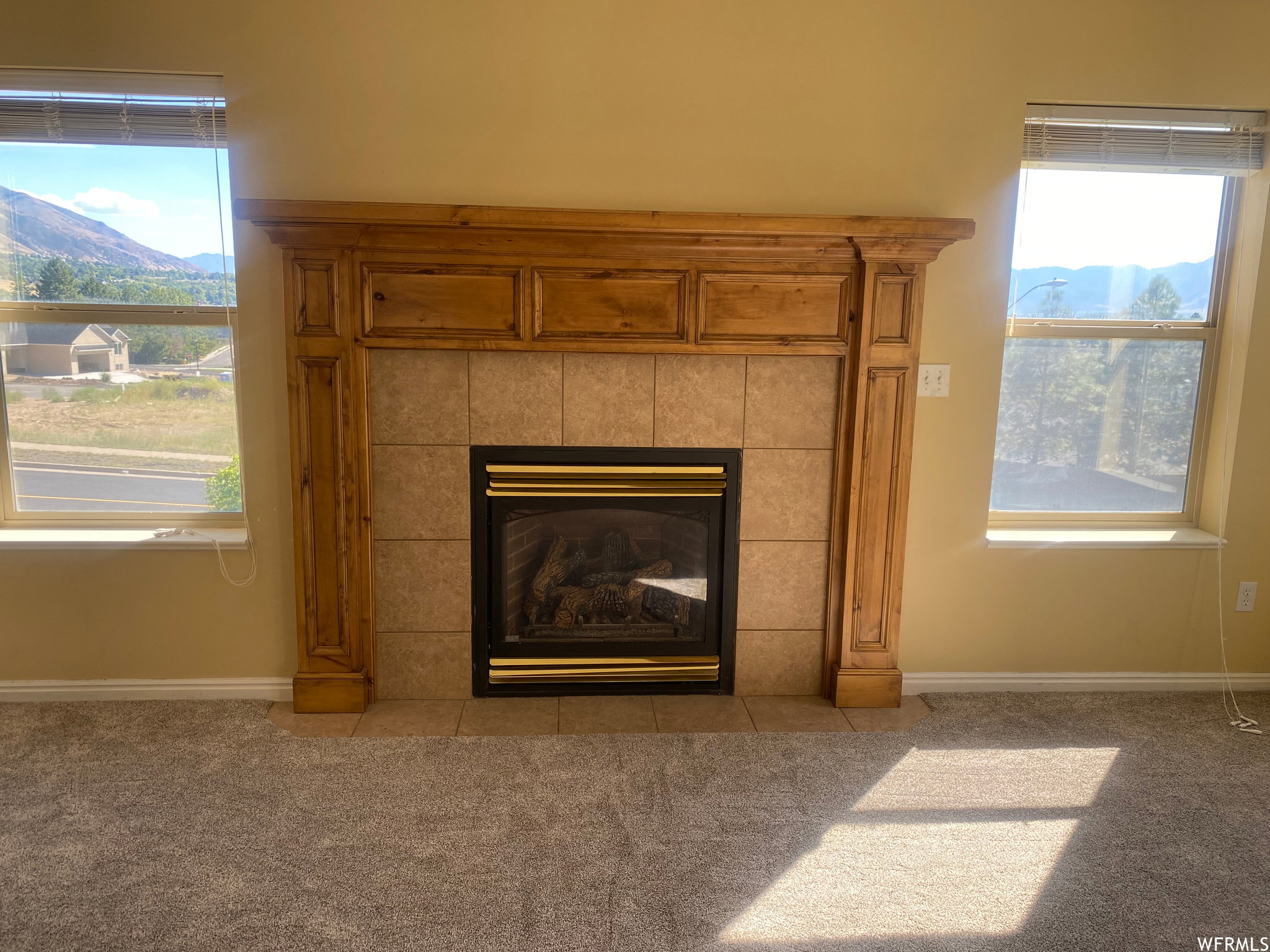 Detailed view of a tiled fireplace and carpet floors