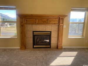 Detailed view of a tiled fireplace and carpet floors