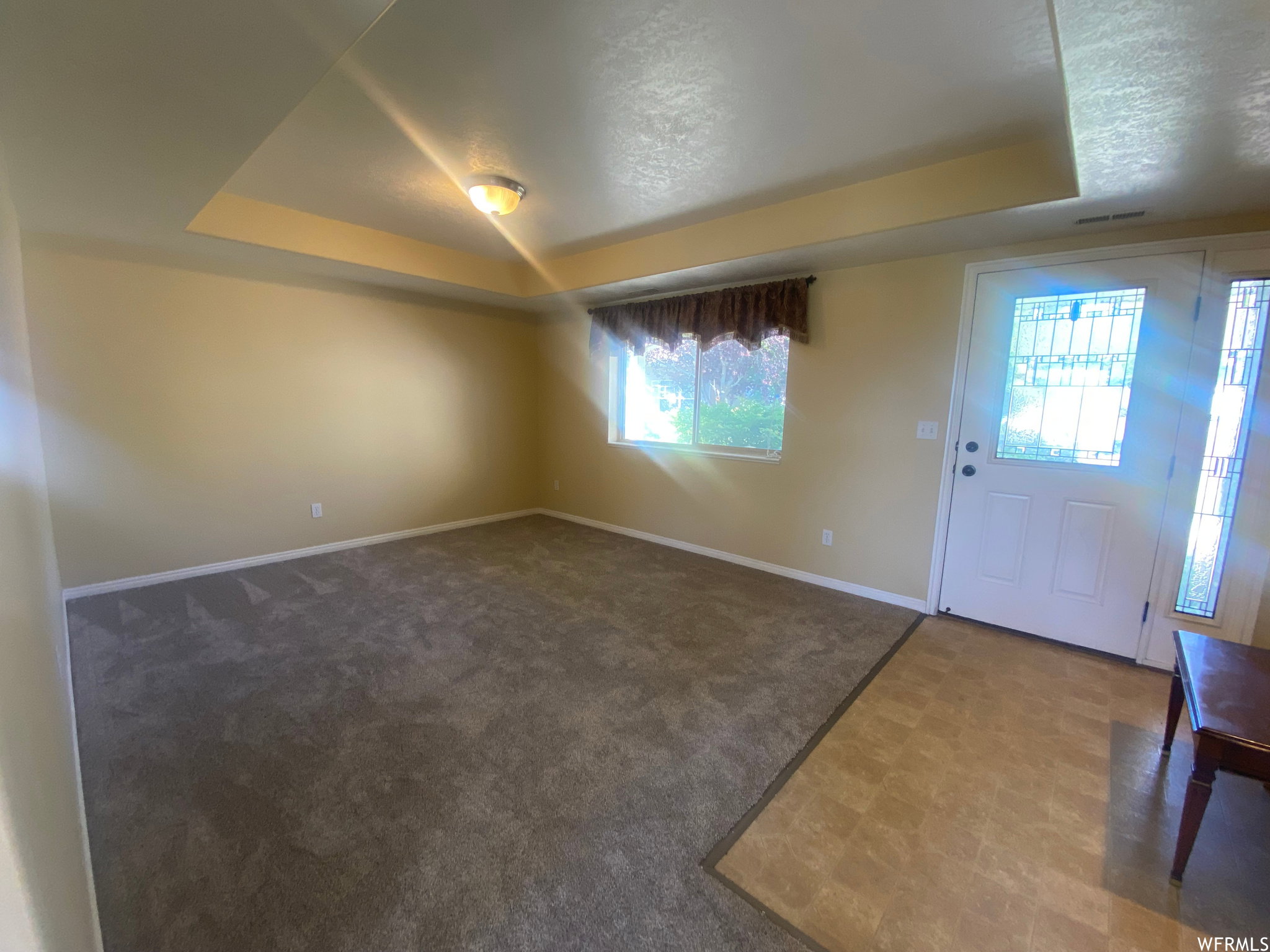 Foyer entrance featuring a tray ceiling and dark flooring