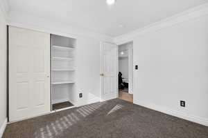Unfurnished bedroom with crown molding, a closet, and light carpet