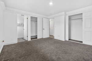 Unfurnished bedroom featuring two closets, carpet flooring, and ensuite bath