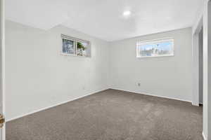 Unfurnished bedroom with dark colored carpet and multiple windows