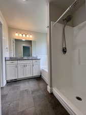 Primary full bathroom with separate bathtub and shower, granite countertop, soft close hinges