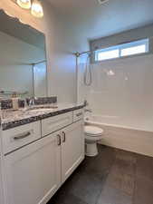Full secondary bathroom with tub/shower combination, granite countertops, LVP flooring