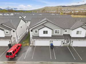 Aerial perspective of suburban area featuring mountains