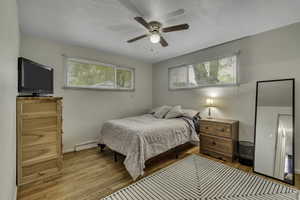 Bedroom with light wood finished floors, ceiling fan, and a baseboard heating unit