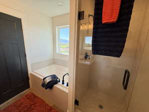 Bathroom with a garden tub and a shower stall